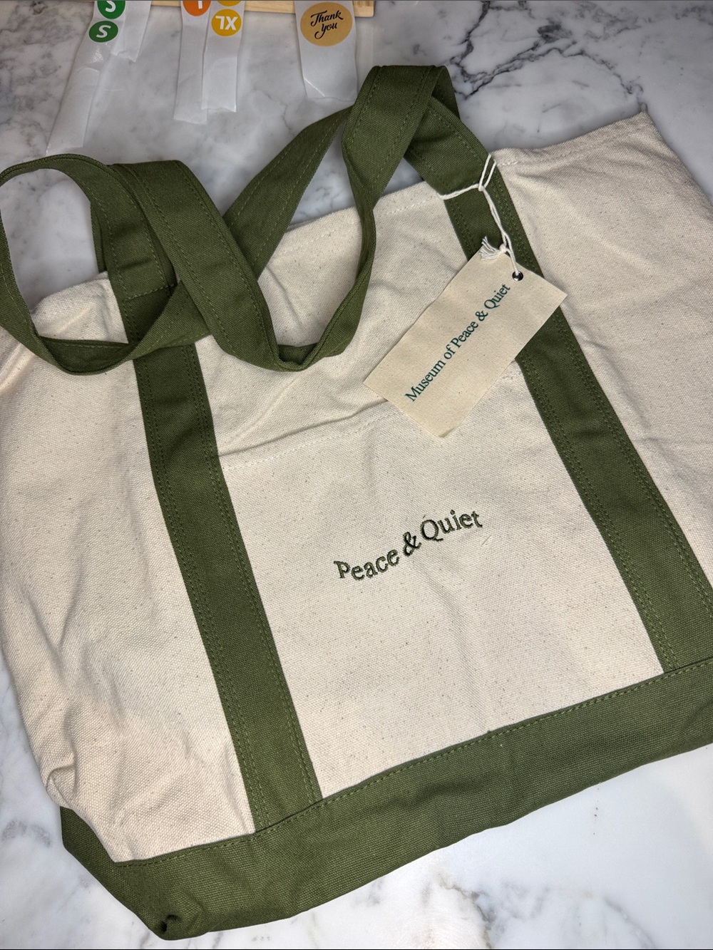 Museum of Peace & Quiet Wordmark Canvas Tote Olive Natural NWT